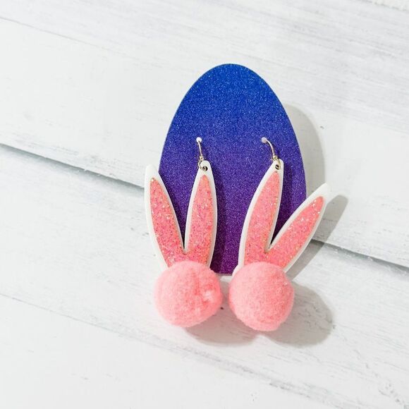 Pink Glitter Pom Pom Bunny Ear Earrings - Picture 4 of 11